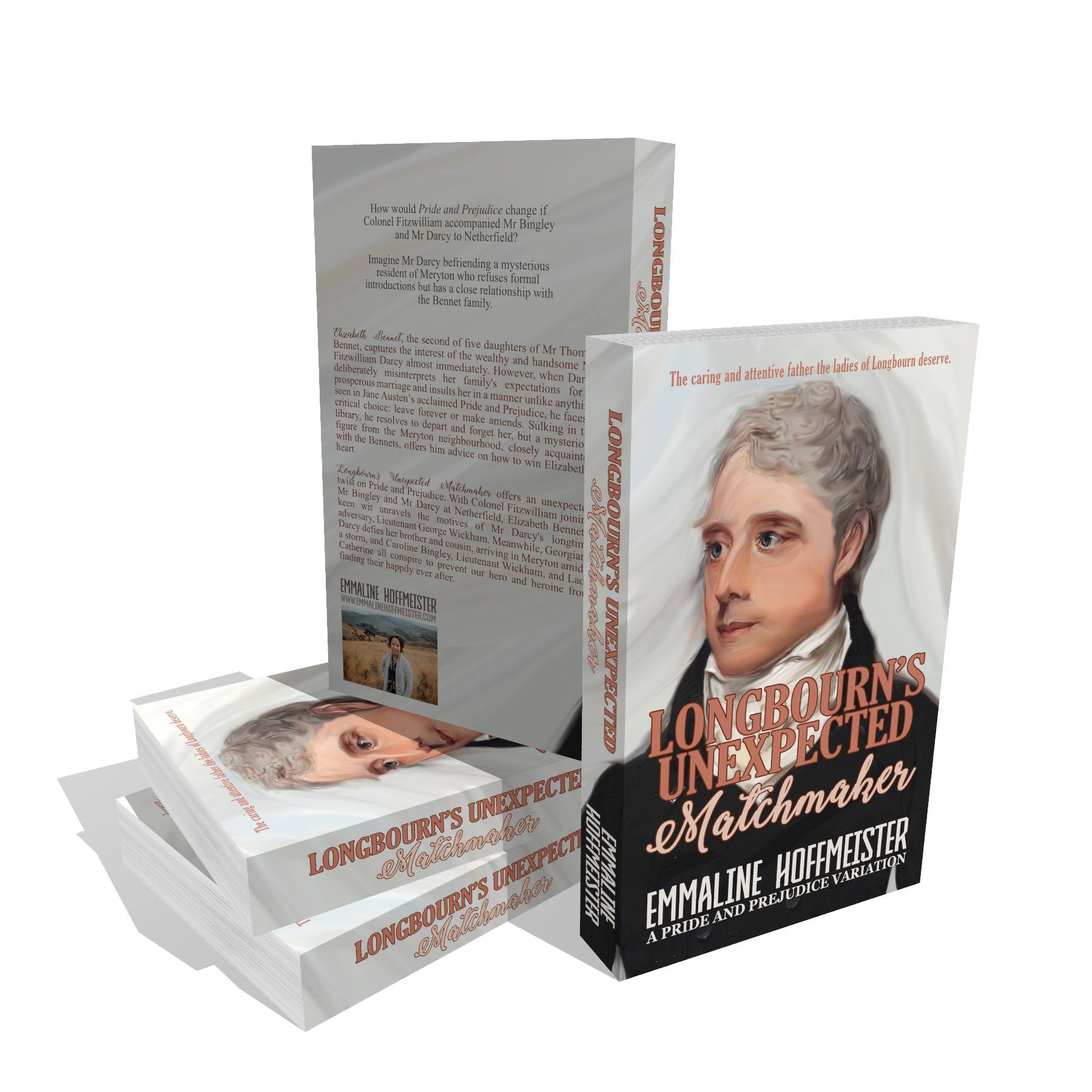 A 3D book stack of paperback's. The book is Longbourn's unexpected Matchmaker by Emmaline Hoffmeister.