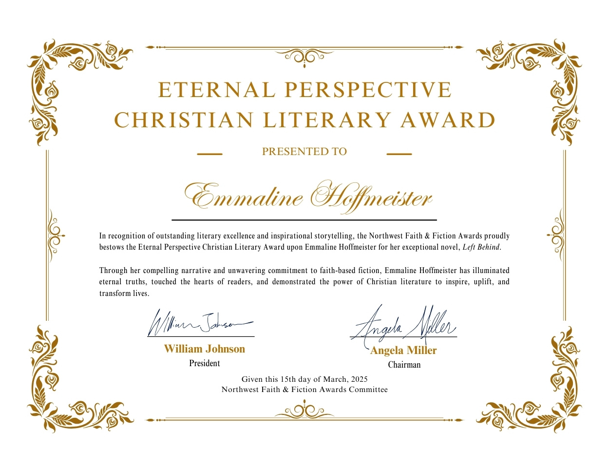Emmaline Hoffmeister Wins the "Eternal Perspective Christian Literary Award" for Left Behind
