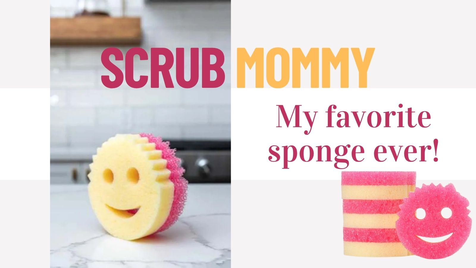 A Scrub Mommy Sponge in the center of a marble kitchen counter.