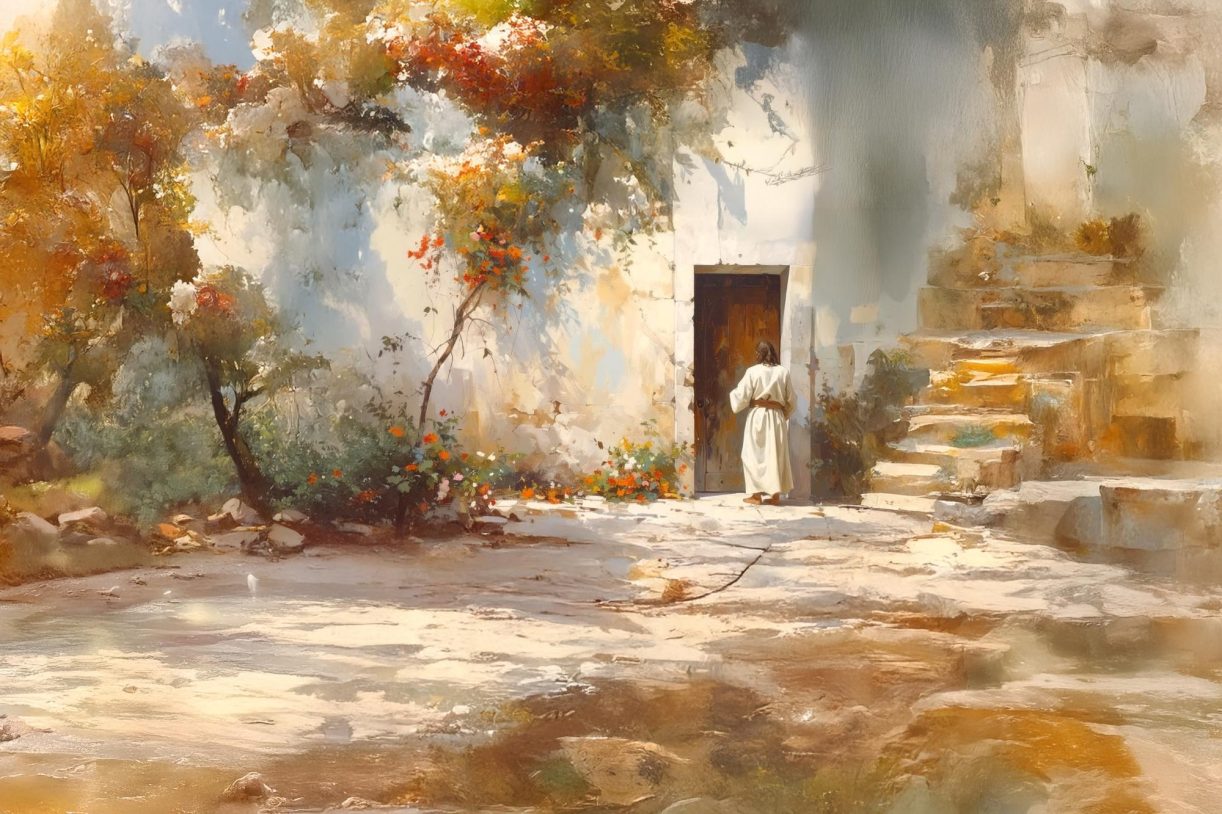 A painting of Jesus Christ standing before an old wooden door, gently knocking, surrounded by stone steps, whitewashed walls, and flowering vines in warm sunlight.