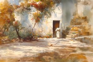 A painting of Jesus Christ standing before an old wooden door, gently knocking, surrounded by stone steps, whitewashed walls, and flowering vines in warm sunlight.