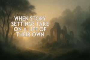 Misty dawn landscape with ancient stone ruins and whispering forest trees, symbolizing a story setting that feels alive and atmospheric.