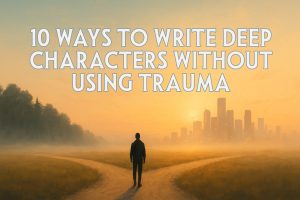 A silhouette of a person standing at a fork in the road at sunrise, with a city skyline in the distance. The text reads: “10 Ways to Write Deep Characters Without Using Trauma.”