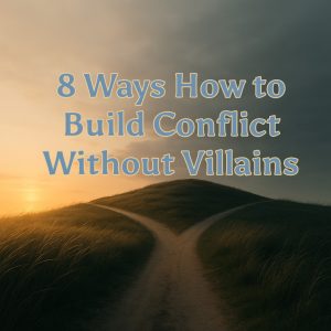 Minimalist cinematic landscape of a forked path atop a windswept hill at sunset. One horizon glows warmly with light while the other fades into shadow, symbolizing choices and conflict without villains. Tall grass sways under a moody sky with open space for text overlay.