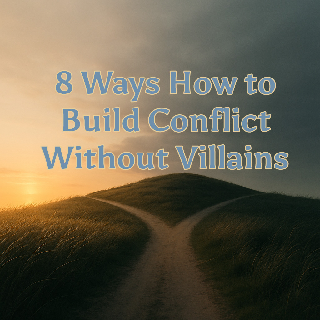 Minimalist cinematic landscape of a forked path atop a windswept hill at sunset. One horizon glows warmly with light while the other fades into shadow, symbolizing choices and conflict without villains. Tall grass sways under a moody sky with open space for text overlay.