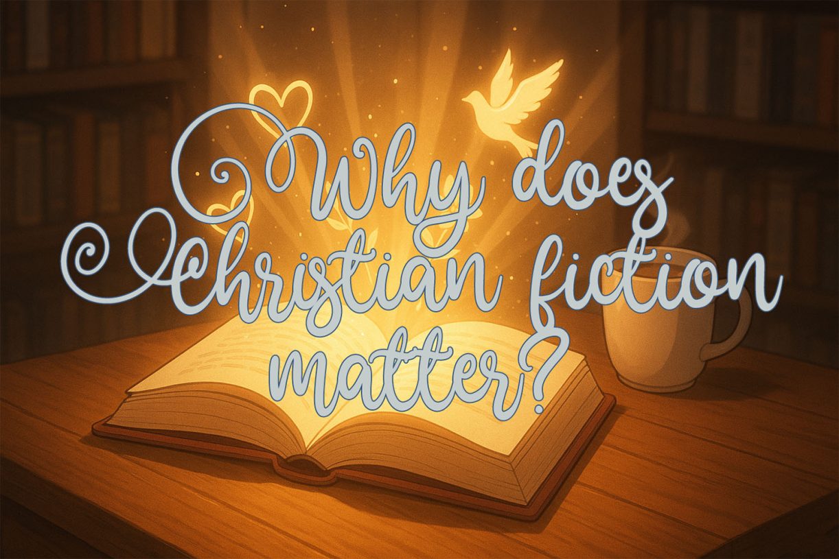 An open glowing book on a table with golden light, a dove, and hearts rising from its pages, overlaid with the words “Why does Christian fiction matter?”