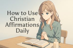 Anime-style illustration of a young woman with expressive eyes praying at a wooden table with an open Bible and candle, minimalist Scandinavian design with muted tones and negative space for text overlay reading “How to Use Christian Affirmations Daily.”